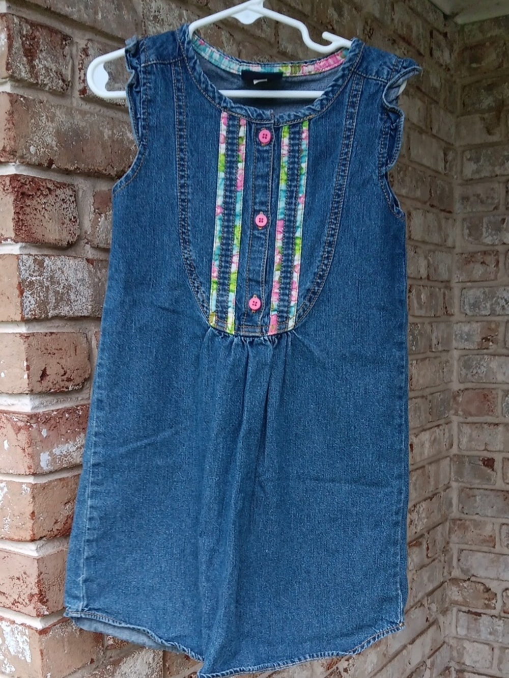 Girls Denim Sleeveless Dress with Pink Button Detail